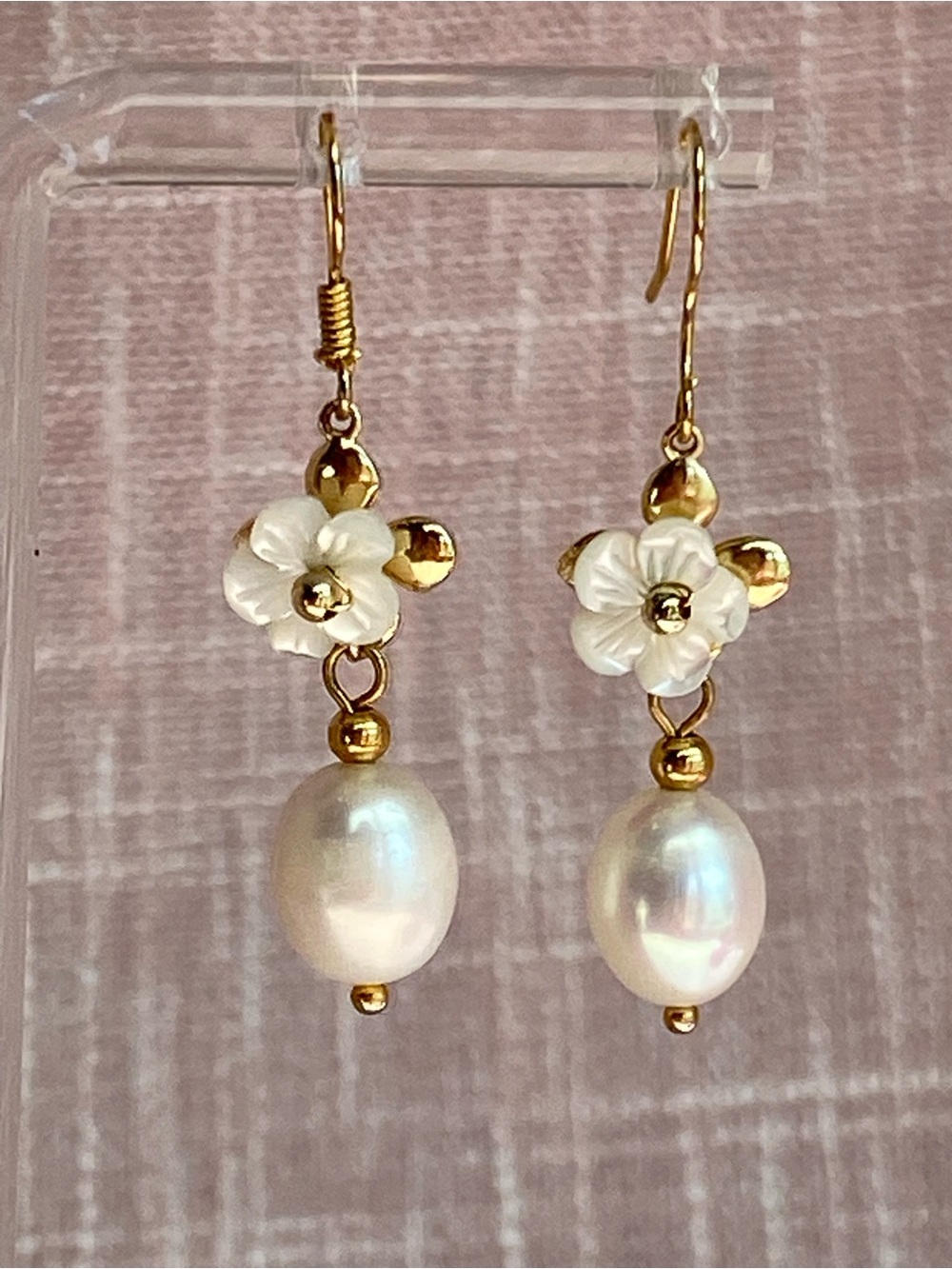 Gold plated Sterling Silver Freshwater Pearl and carved Shell Earrings